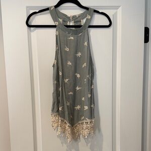 Le Lis Gray Embroidered Sleeveless Blouse with Lace Trim